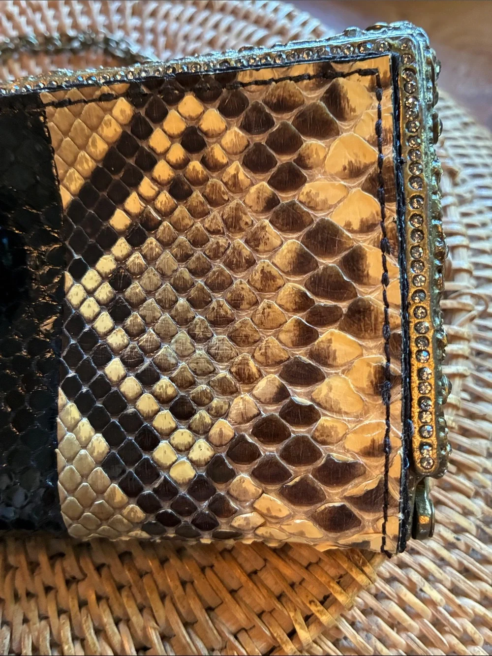 Clara Kasavina Snakeskin Crystal Pendant Ornate Clasp Clutch Evening Bag